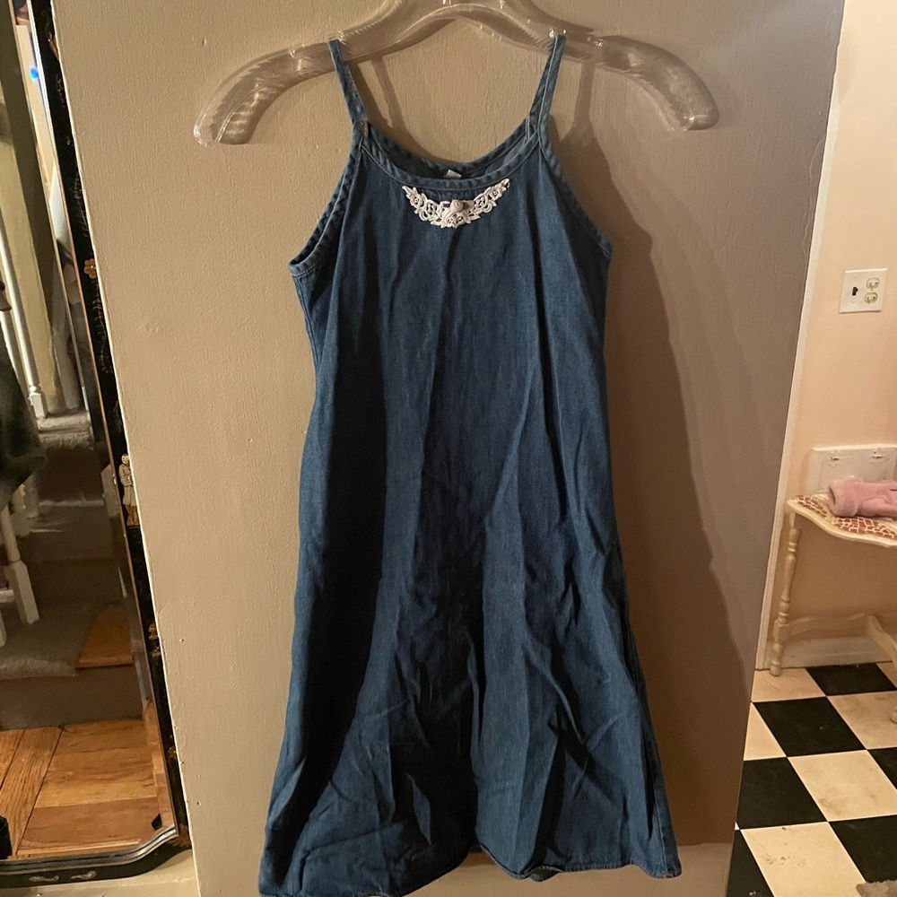 Vintage 90s disorderly conduct girls Blue Denim Dress with Lace Detail